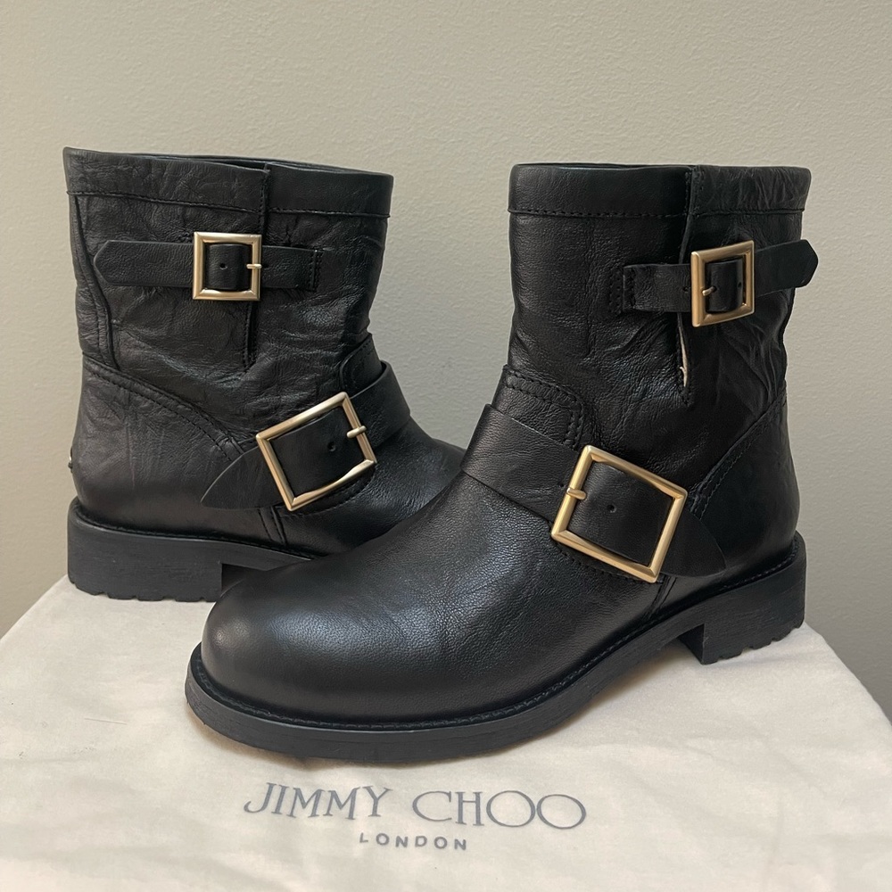 JIMMY CHOO Youth Biker Leather Boots with Gold Buckles Size 37